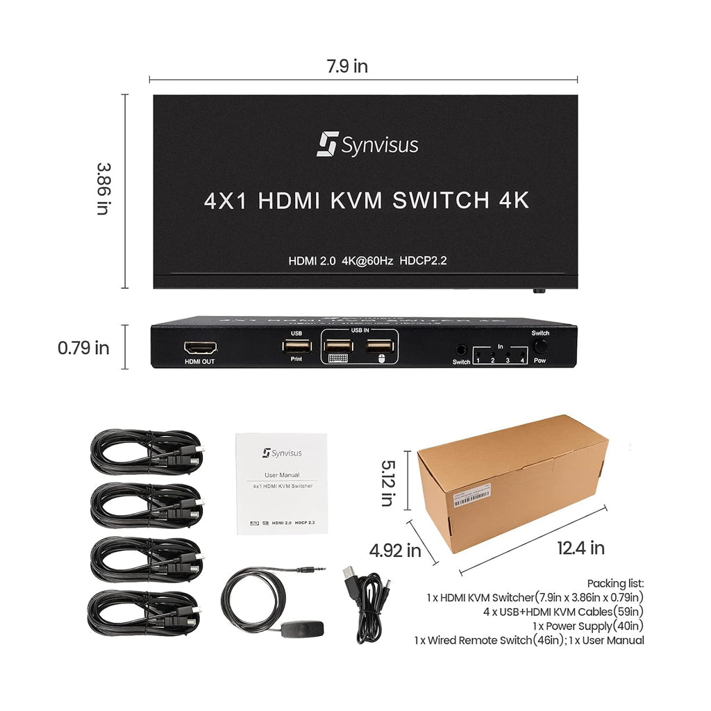 4 Port HDMI KVM Switch, 4K@60Hz, 4 in 1 Out N33591