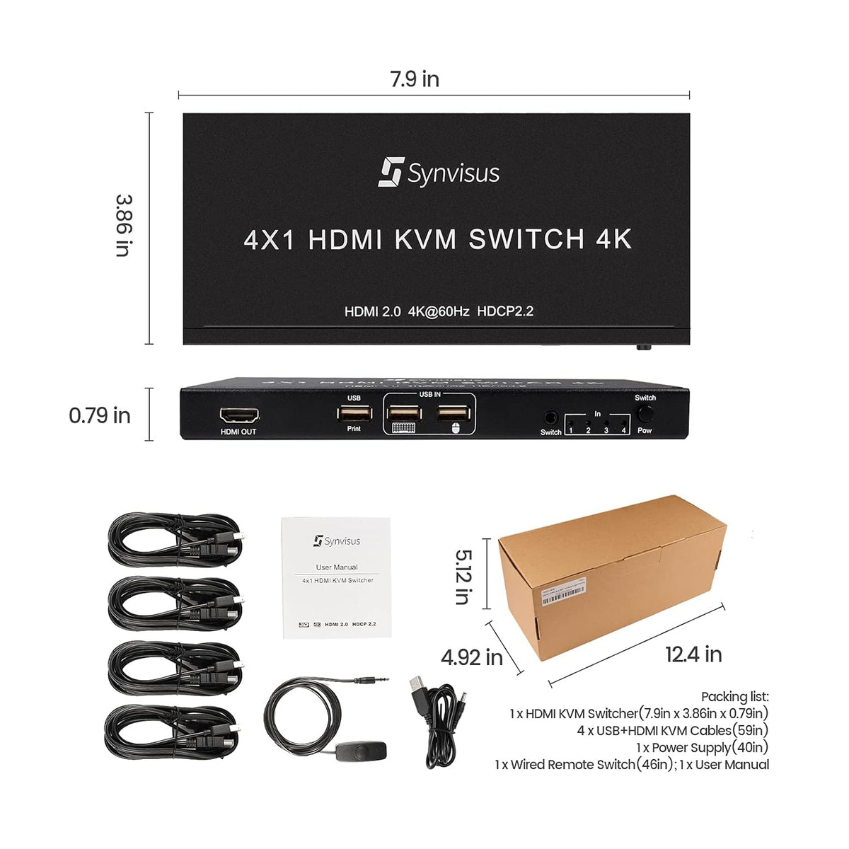 4 Port HDMI KVM Switch, 4K@60Hz, 4 in 1 Out N33591