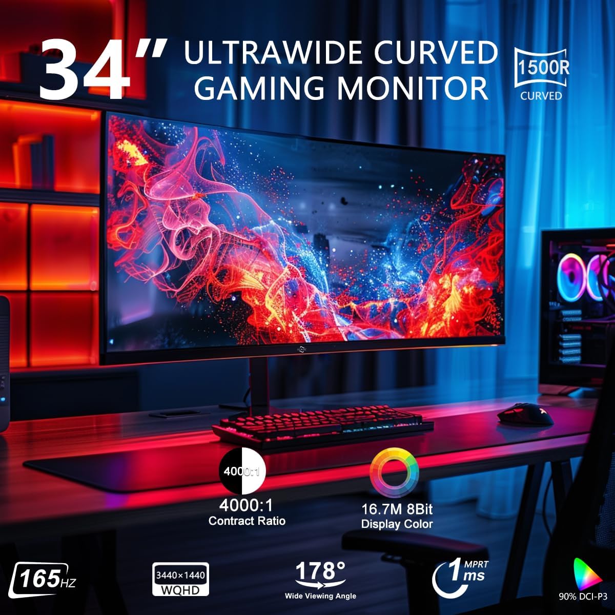34 Inch Ultrawide Curved UWQHD 165Hz Frameless Gaming Monitor S858