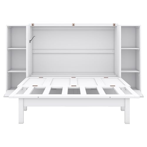 White Queen Size Wood Murphy Bed with Shelves and Storage Drawers A9127
