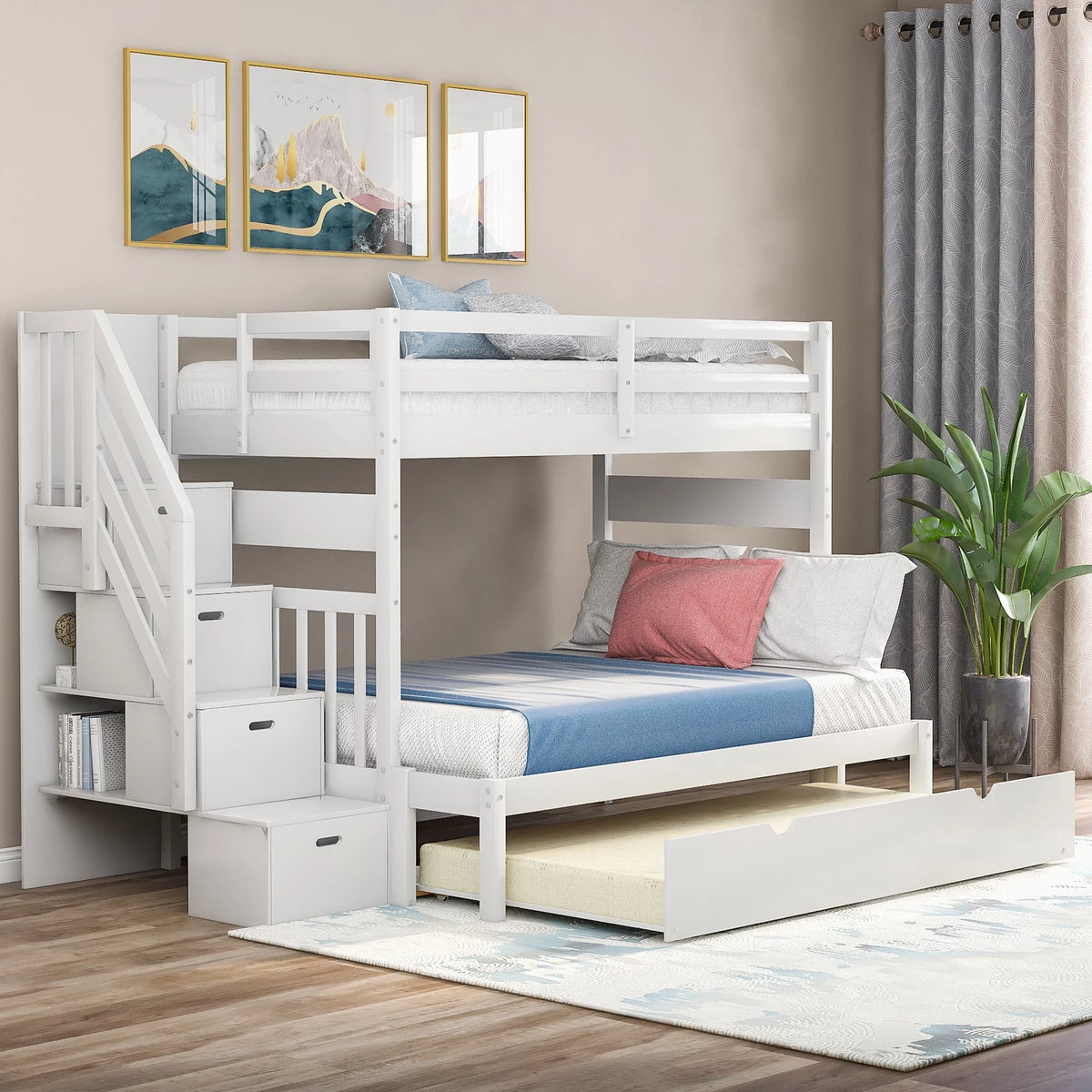 White Twin over Full Bunk Bed with Trundle and Storage F297