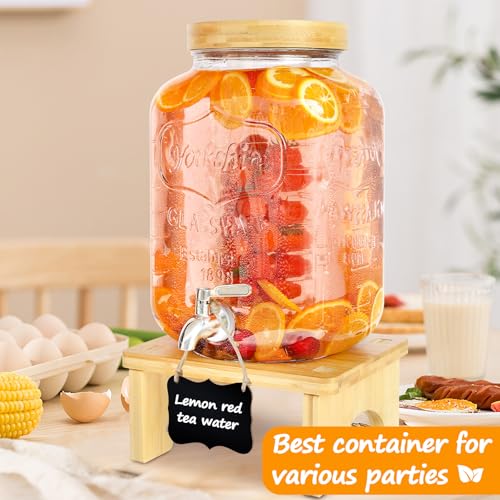2 Gallon Glass Beverage Dispenser with Wood Stand and Stainless Steel Spigot F28120