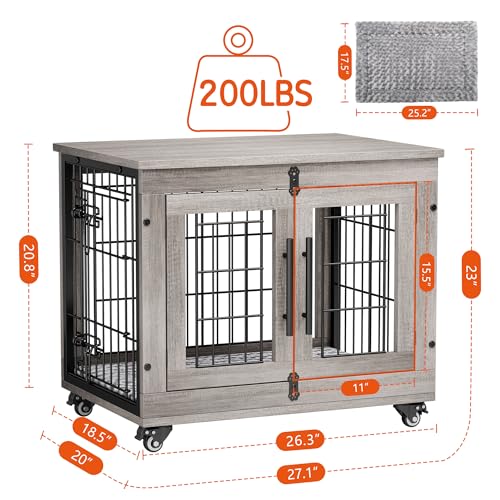 Grey Wooden Dog Crate 32'' with Cushion & Wheels Double Doors I4418