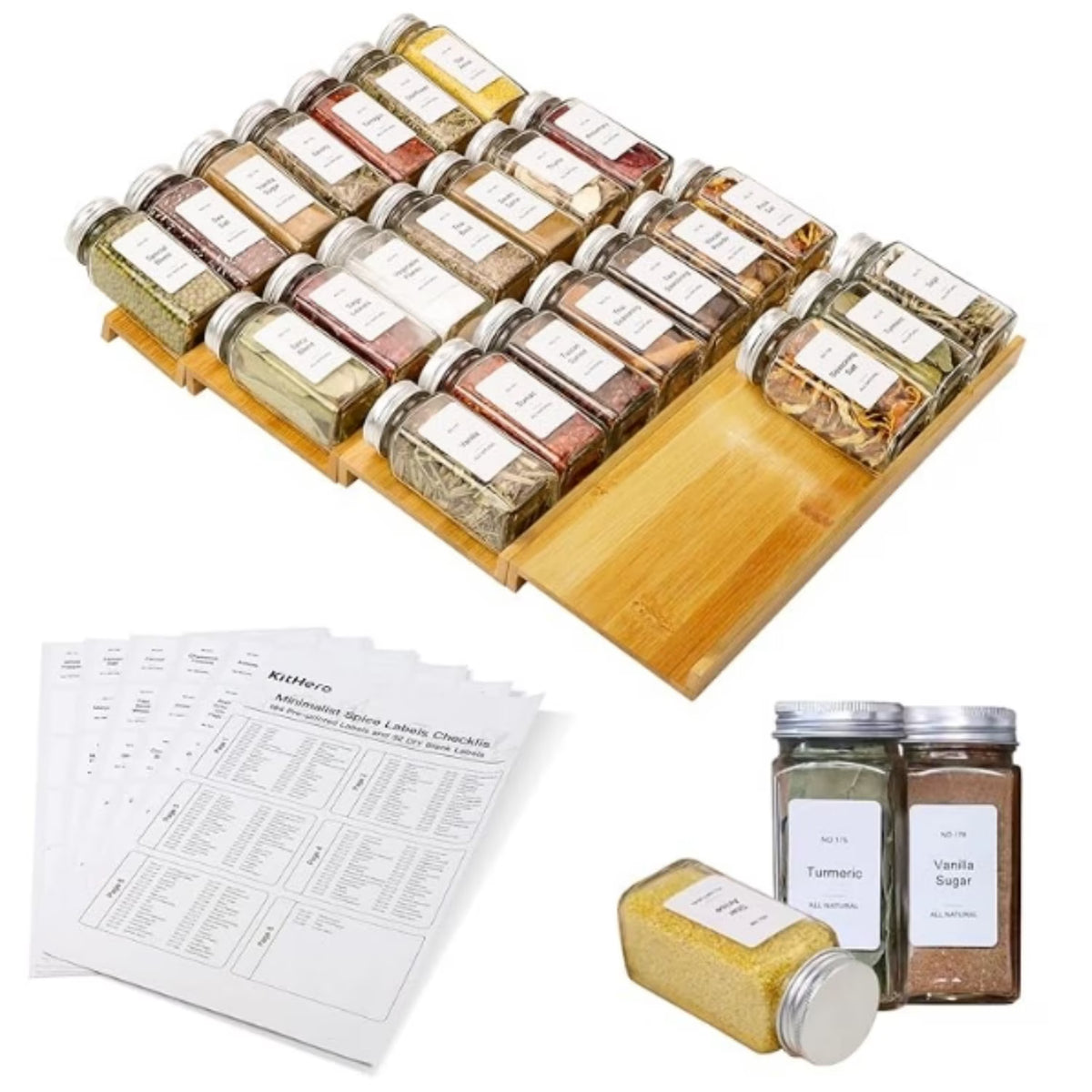Bamboo 4 Tier Spice Rack with 24 Spice Jars and 216 Labels C369