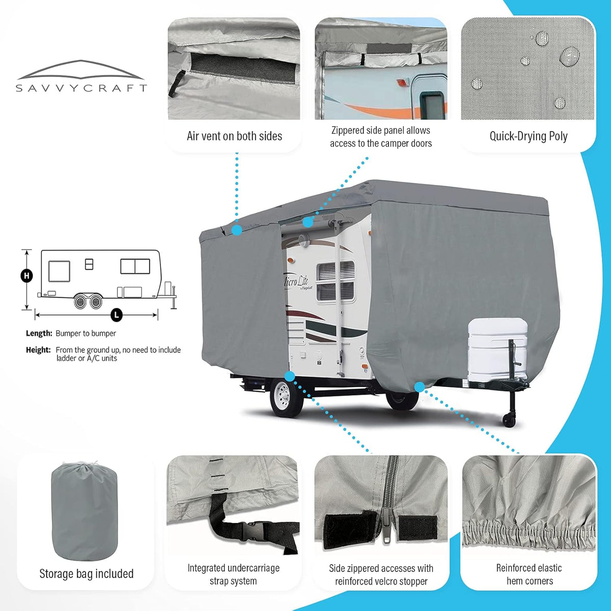 Deluxe Travel Trailer RV Cover Camper Cover with Access Panels Fits 9'-10'L P38971