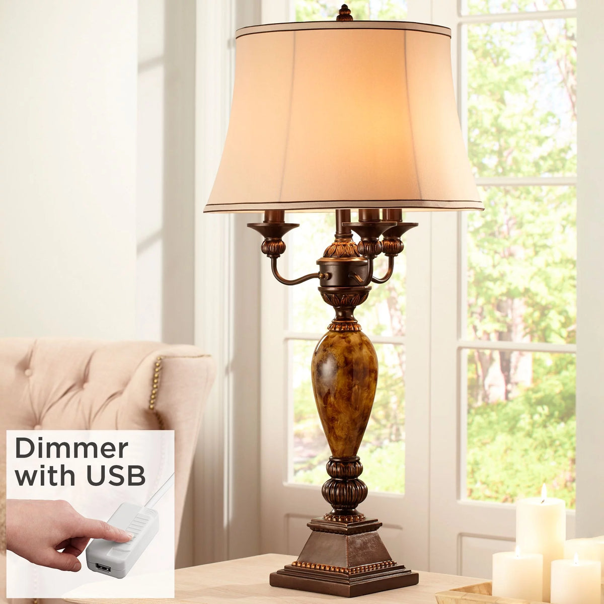 Traditional Table Lamp with White USB Dimmer Cord 37" Tall Bronze Golden Marbleized White Shade I876796