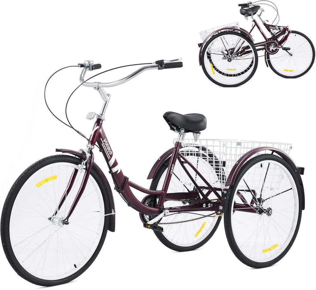 26 Adult Folding Tricycle 1 Speed High Carbon Steel Three Wheeled Trike with Large Rear Basket Adjustable Spring Saddle Rubber Tires Bell Reflectors K4148