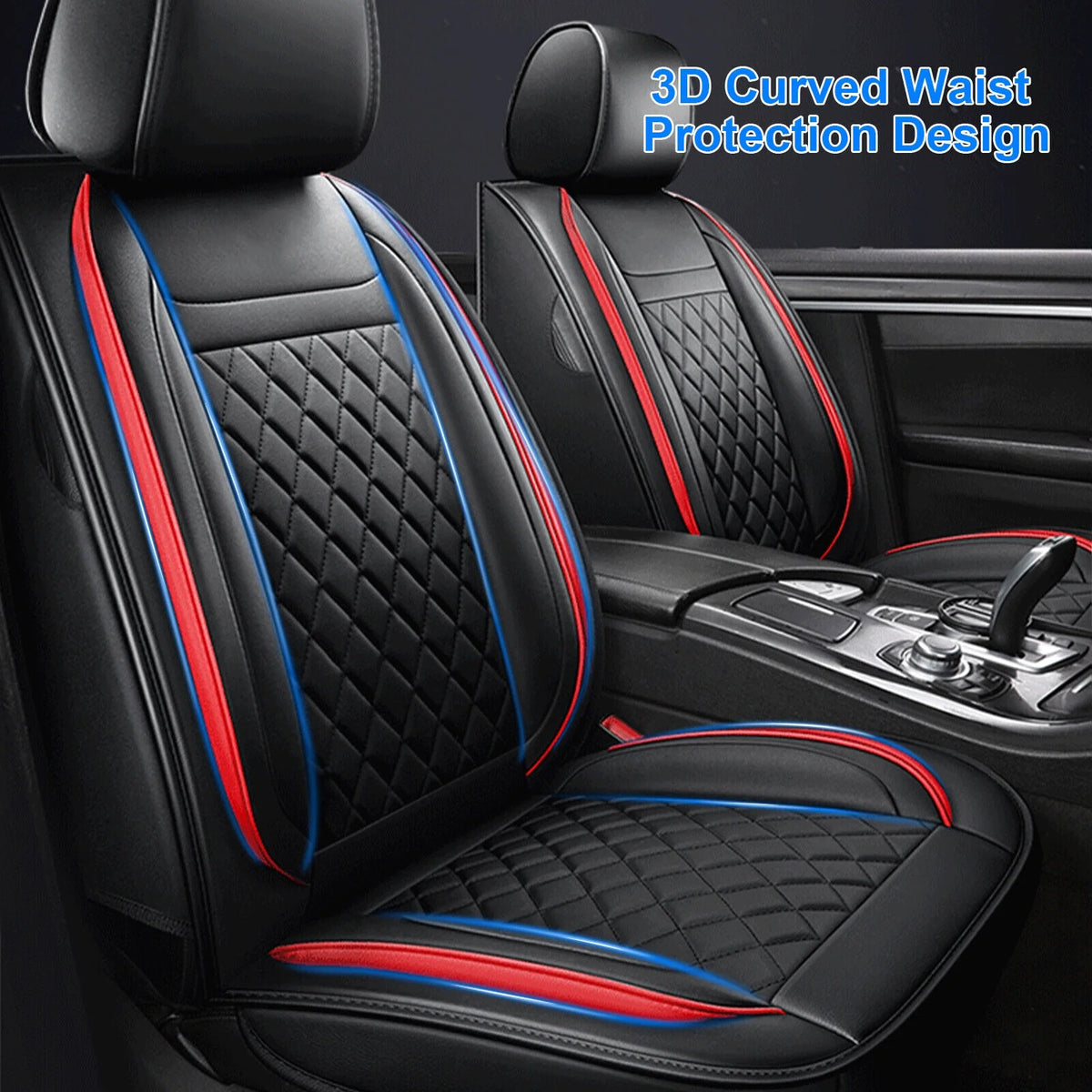 5 Seats PU Leather Car Seat Covers with 4 Pillows Black+Red M349340