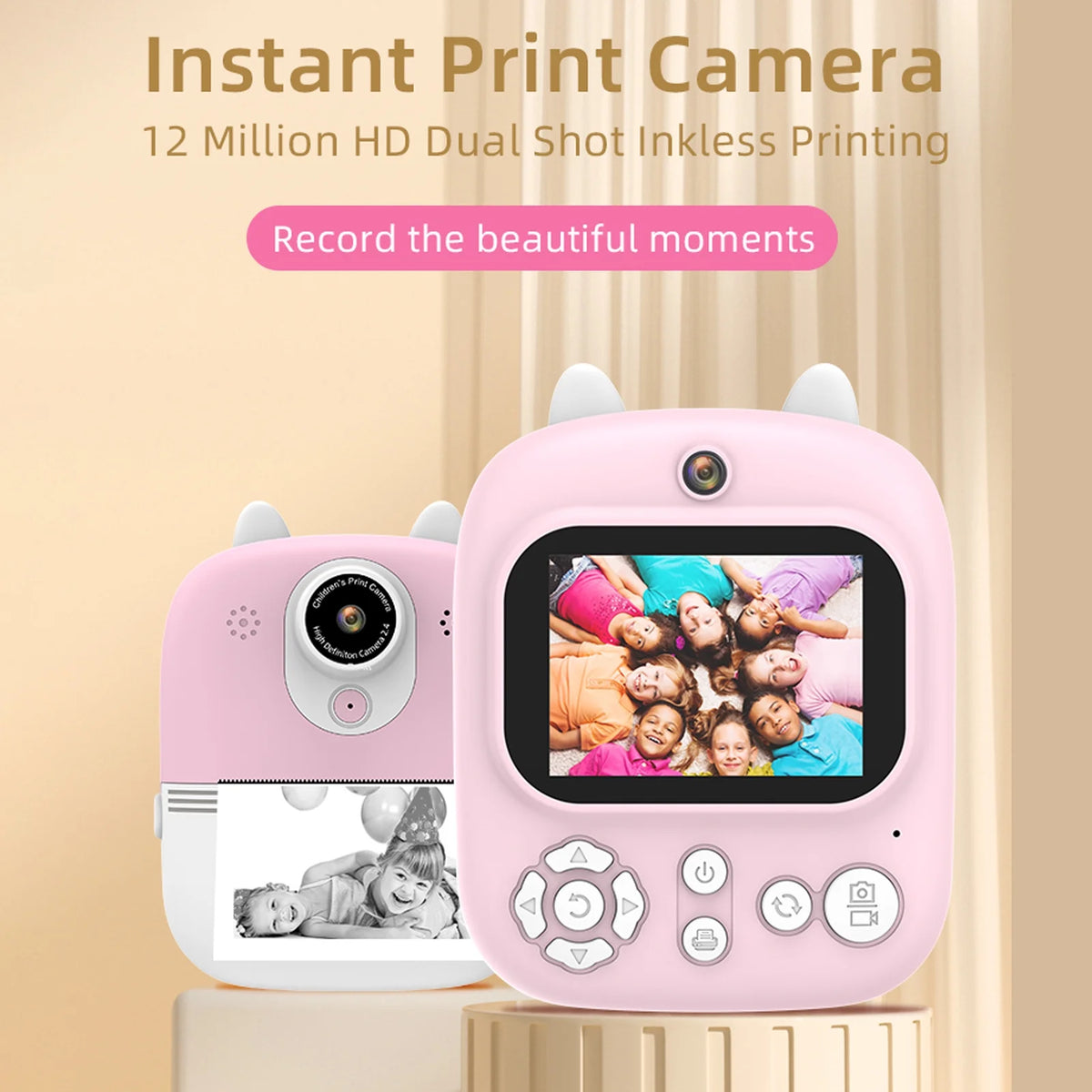 Instant Camera with Dual Lenses, 12MP, 32GB Memory, 3 Printing Paper Rolls Y64010