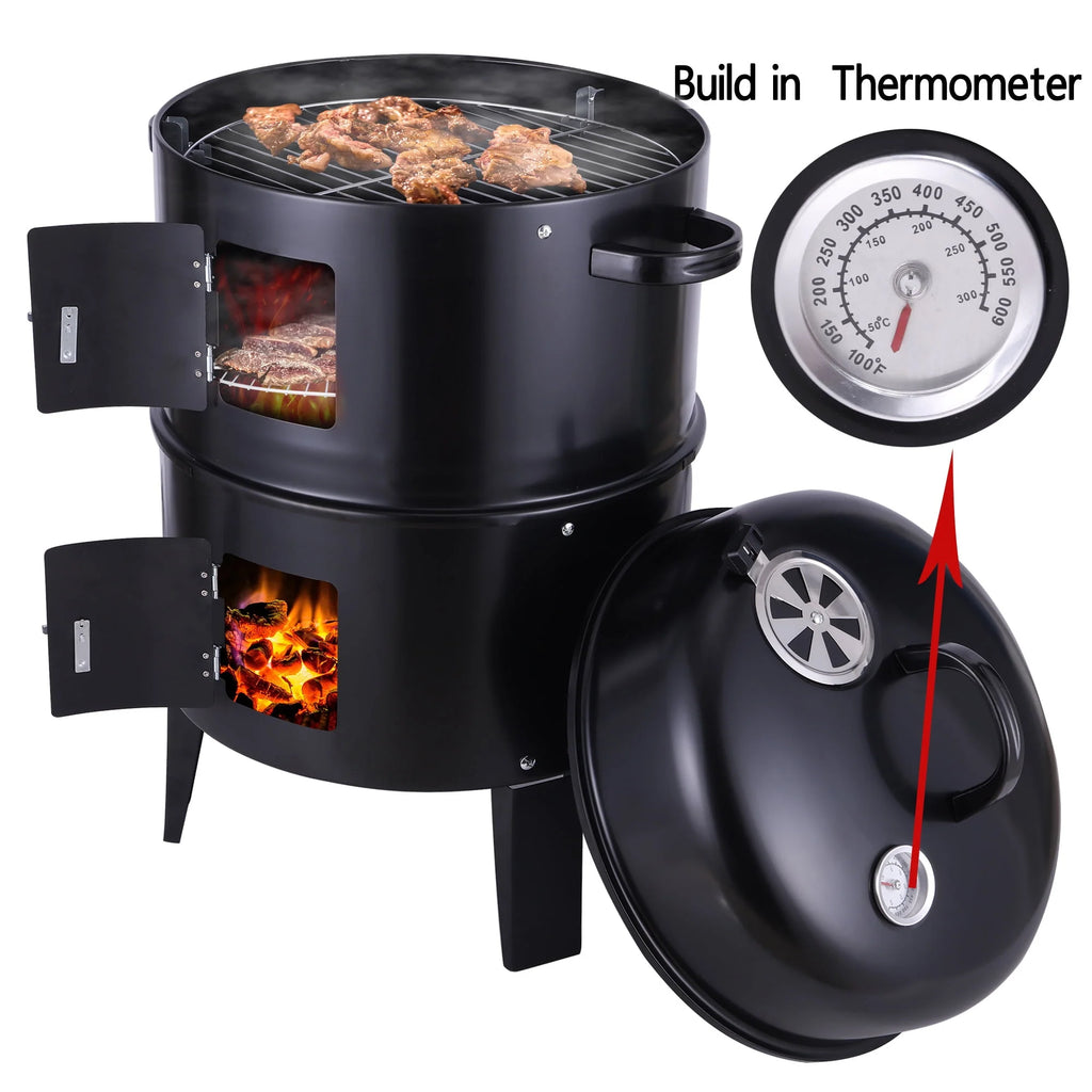 3-in-1 Steel Charcoal Smoker BBQ Grill with Thermometer X79298
