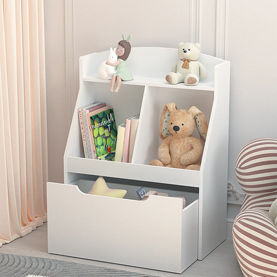 White Wooden Kids Bookcase with Toy Box on Wheels E127763