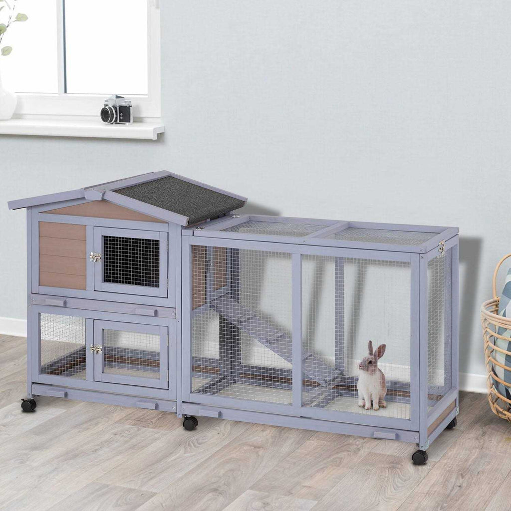 Wood Rabbit Hutch with Wheels & Waterproof Roof R745