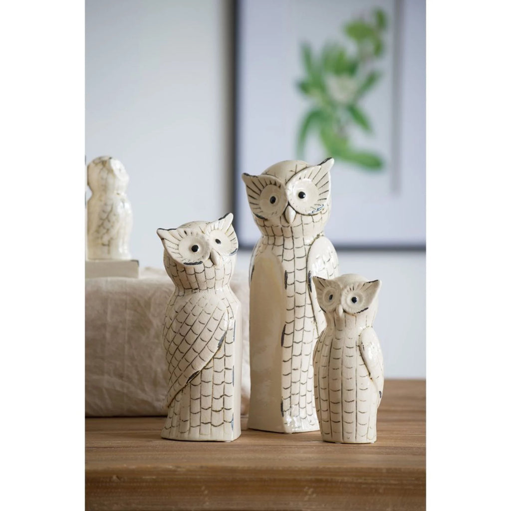 Set of 3 White and Black Owl Figurine Statues E11332