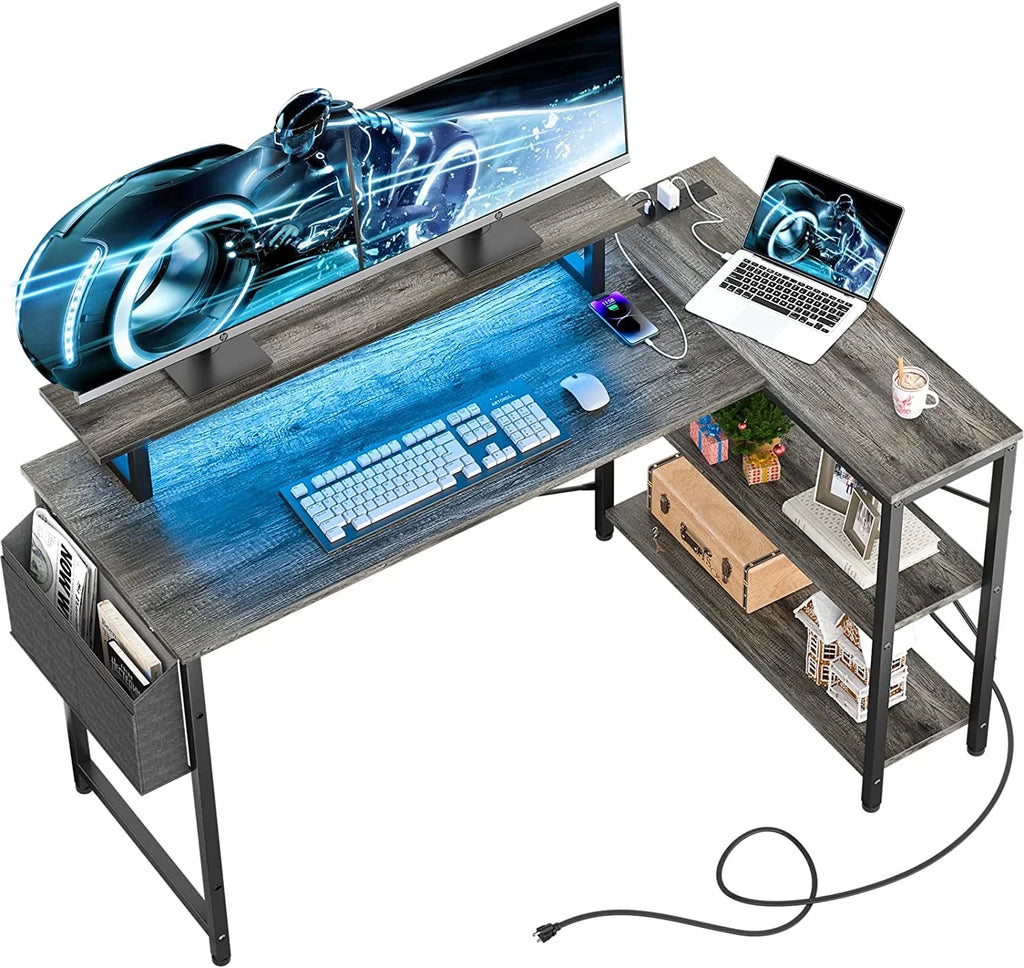 Black Oak L Shaped Desk with Power Outlet and Storage Shelves P495