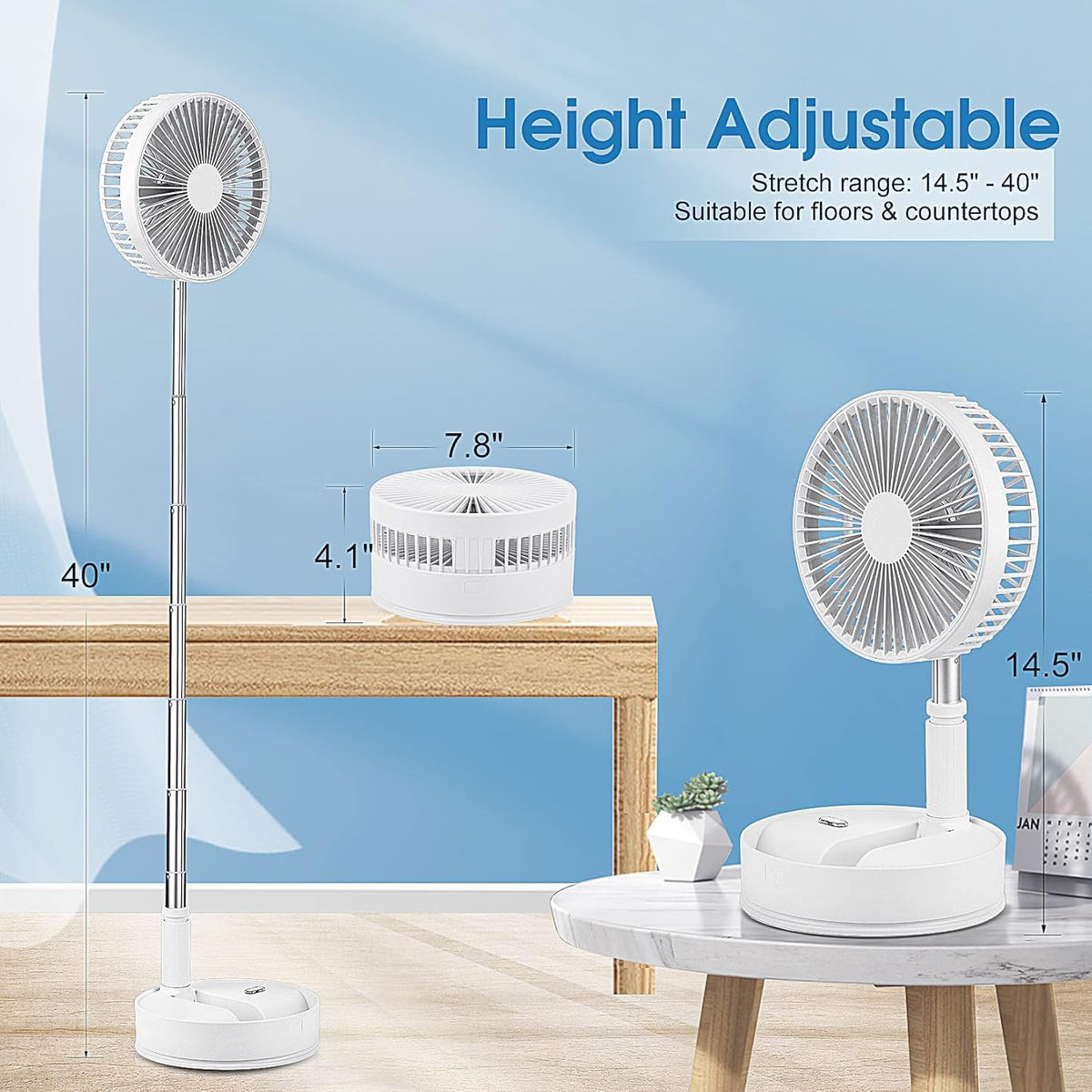 Portable Oscillating Standing Fan with Remote Controller, 7.8 Foldable Desk Fan, 7200mah Rechargeable & USB Quiet, Mini Folded Floor Fan D490226
