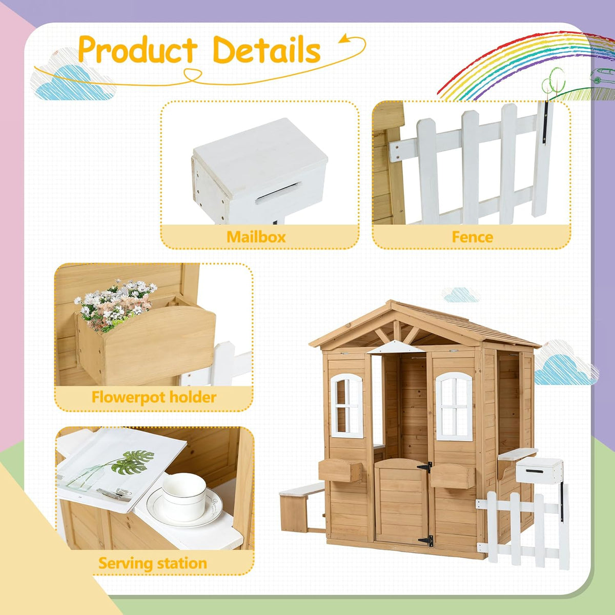 Wooden Outdoor Playhouse with Working Doors Windows & Mailbox, 39" x 38" x 55.5 K43007