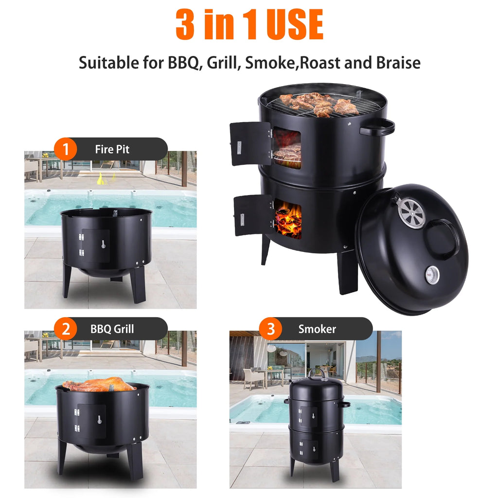 3-in-1 Steel Charcoal Smoker BBQ Grill with Thermometer X79298