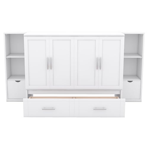 White Queen Size Wood Murphy Bed with Shelves and Storage Drawers A9127