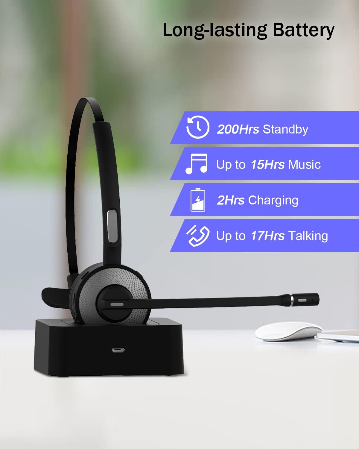 Bluetooth Headset with USB Dongle, Single-Ear Wireless Headset with Noise Cancelling Microphone Charging Base, Pack of 2 Q16573