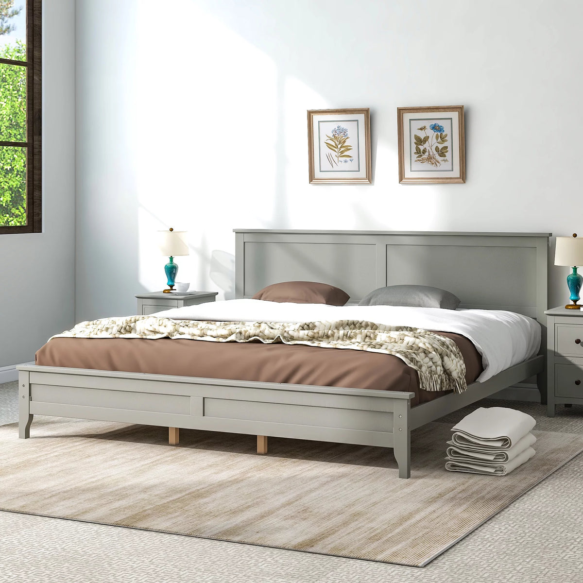 King Size Wood Platform Bed Frame with Headboard B5848
