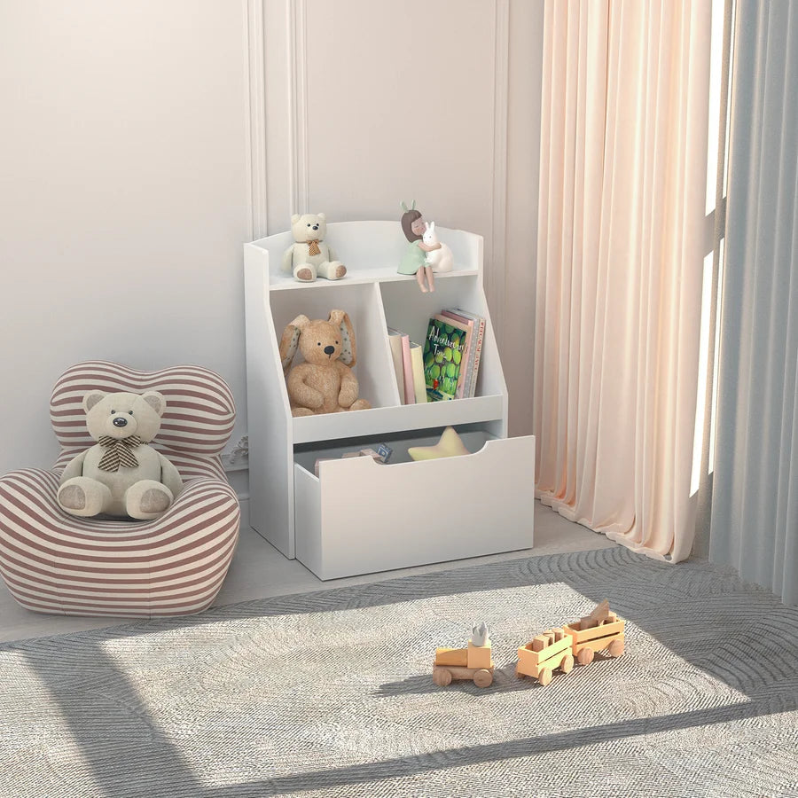 White Wooden Kids Bookcase with Toy Box on Wheels E127763