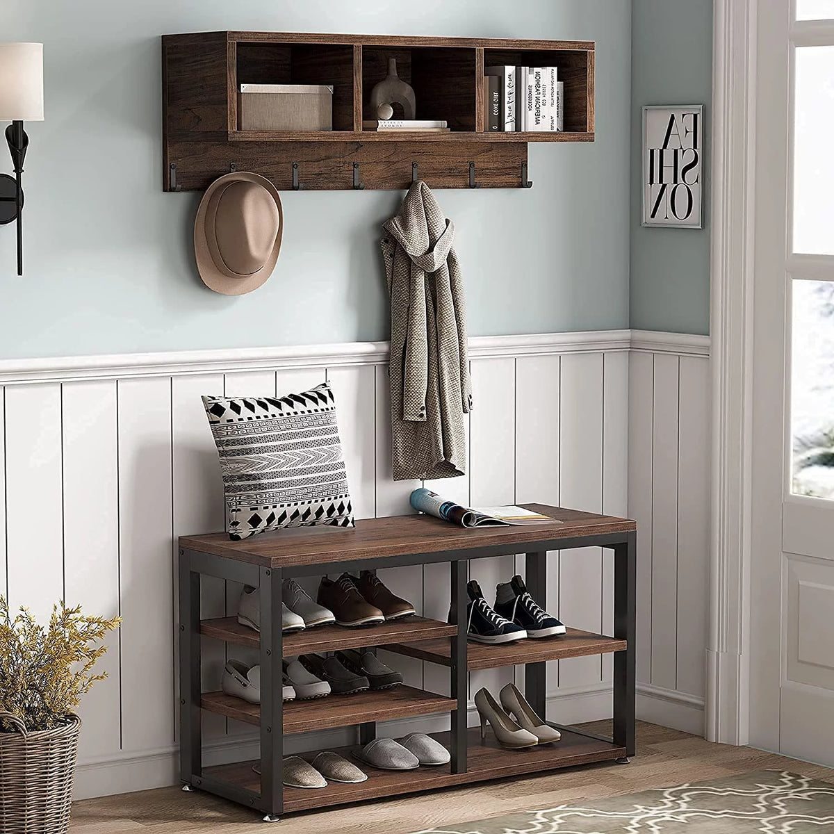 Hall Tree with Bench, 3 Storage Cubbies, 7 Hooks C8238