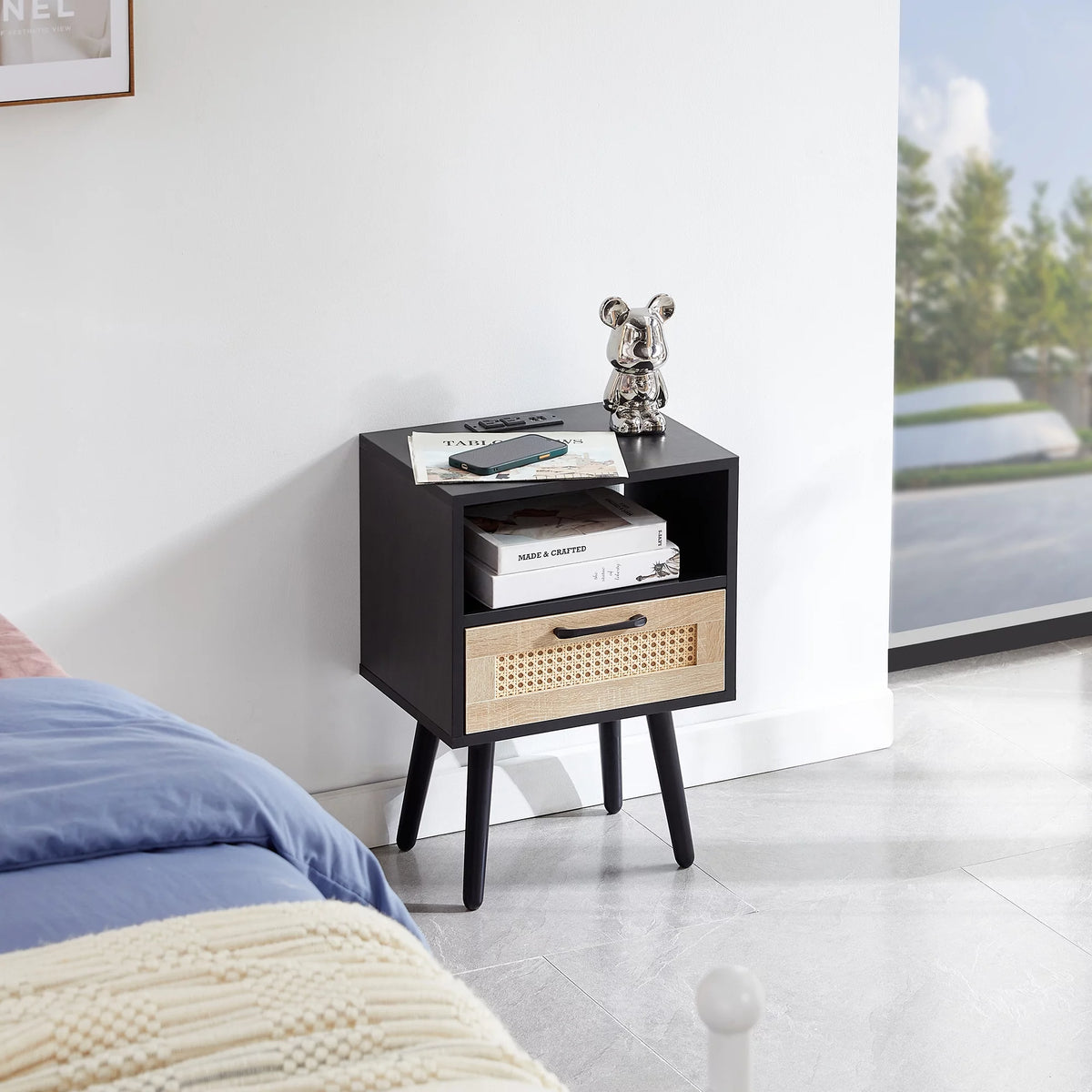 Black Nightstand with Storage Drawer and Charging Station V7774