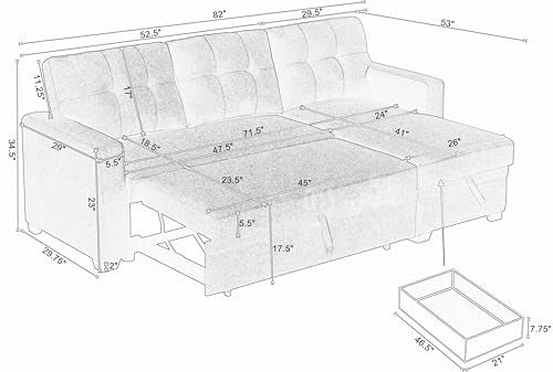 L Shaped Convertible Sleeper Sectional Sofa with Storage Chaise and Pull-Out Bed X71297