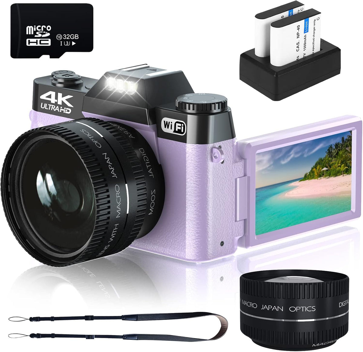 4K Digital Camera with WiFi, 32GB SD Card, 2 Batteries D8151