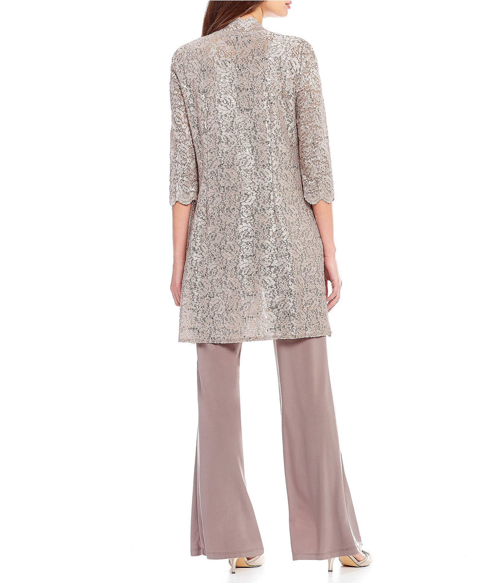 3-Piece Sequin Glitter Scallop Lace Duster Pant Set Y790