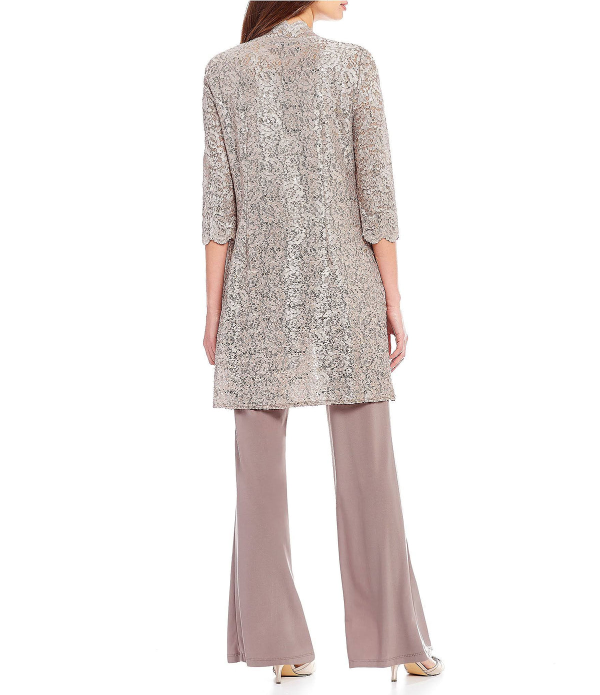3-Piece Sequin Glitter Scallop Lace Duster Pant Set Y790