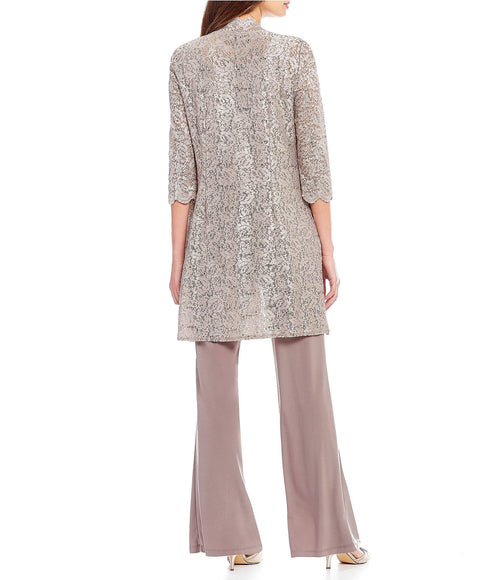 3-Piece Sequin Glitter Scallop Lace Duster Pant Set Y790