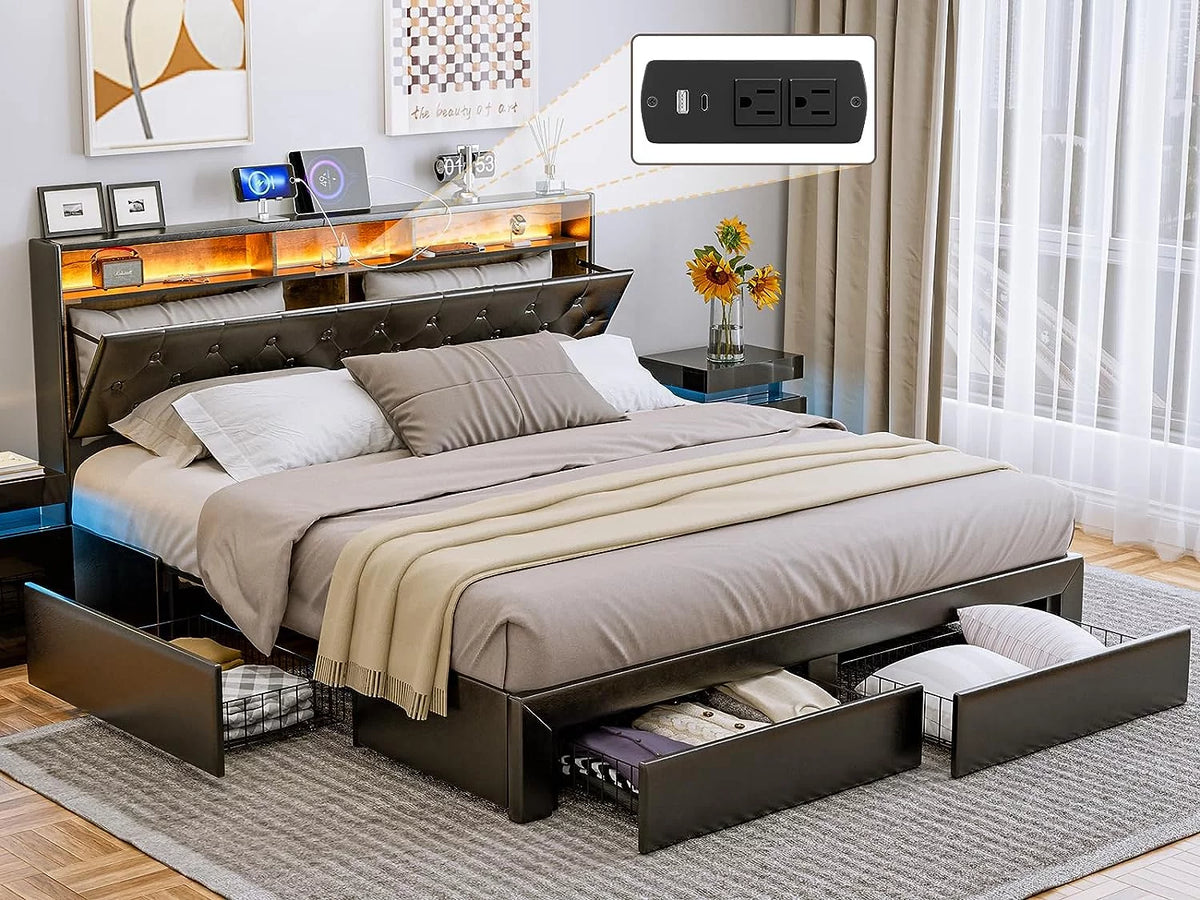 Black King Size Upholstered Platform Bed Frame with 4 Storage Drawers I2369