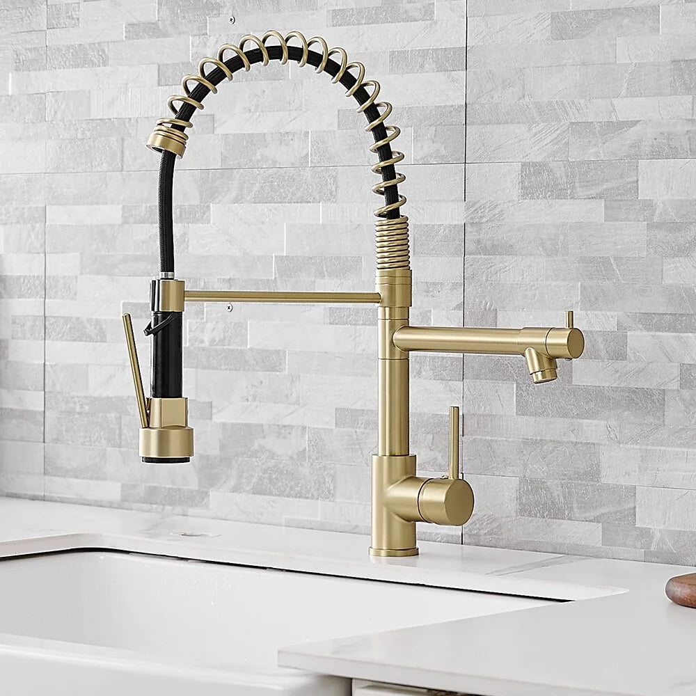 Brushed Gold Kitchen Faucet with Pull-Down Sprayer E665452