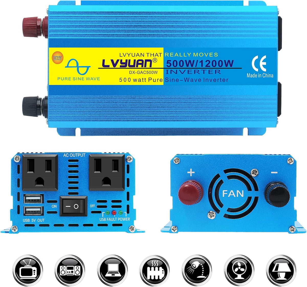 1000W Pure Sine Wave Car Power Inverter DC 12V to 110V AC with Dual AC Outlets and Dual USB Charging Ports X542609