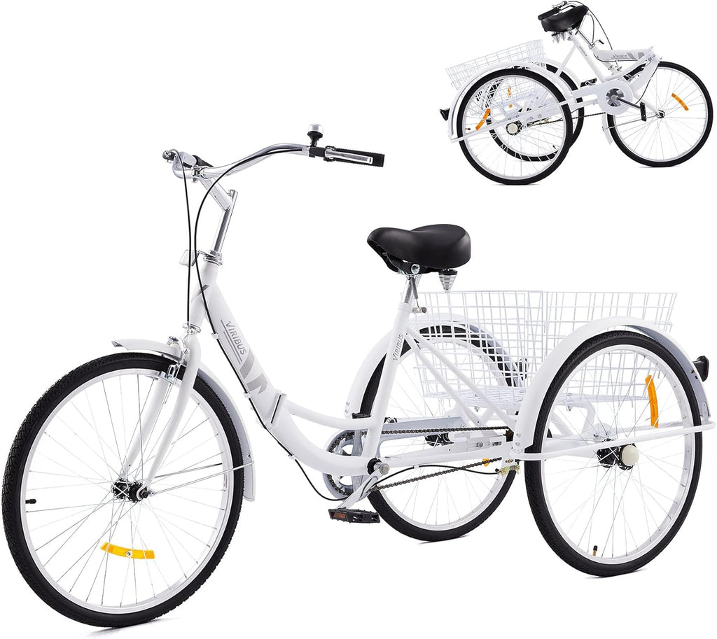 26 Adult Folding Tricycle 1 Speed High Carbon Steel Three Wheeled Trike with Large Rear Basket Adjustable Spring Saddle Rubber Tires Bell Reflectors K4148