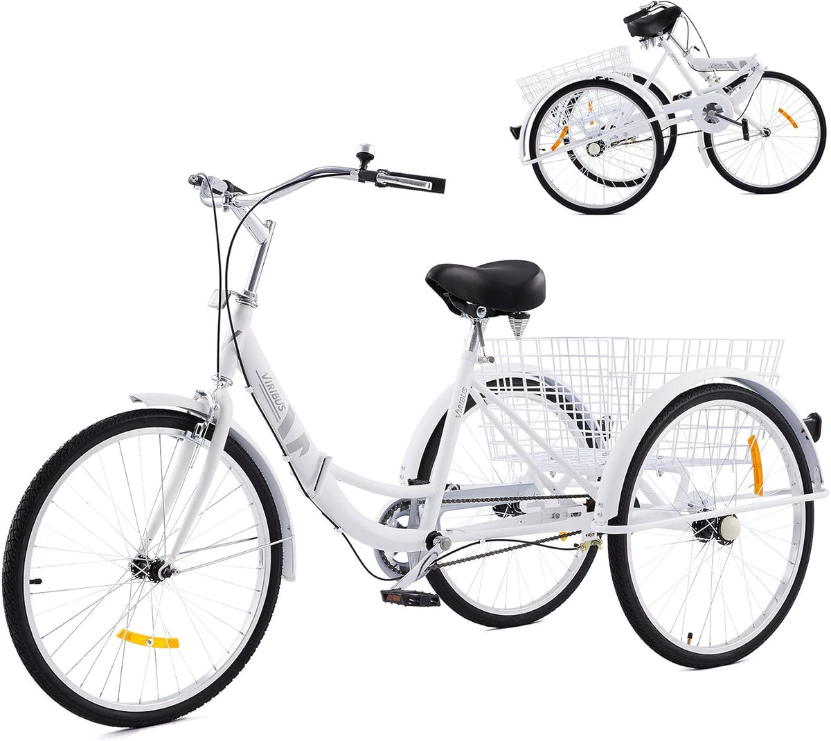 26 Adult Folding Tricycle 1 Speed High Carbon Steel Three Wheeled Trike with Large Rear Basket Adjustable Spring Saddle Rubber Tires Bell Reflectors K4148