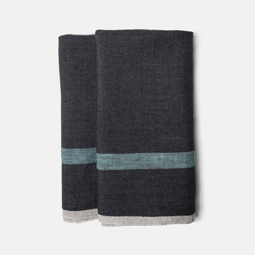 Charcoal/Aqua Laundered Linen Tea Towels, Set of 2 H7862