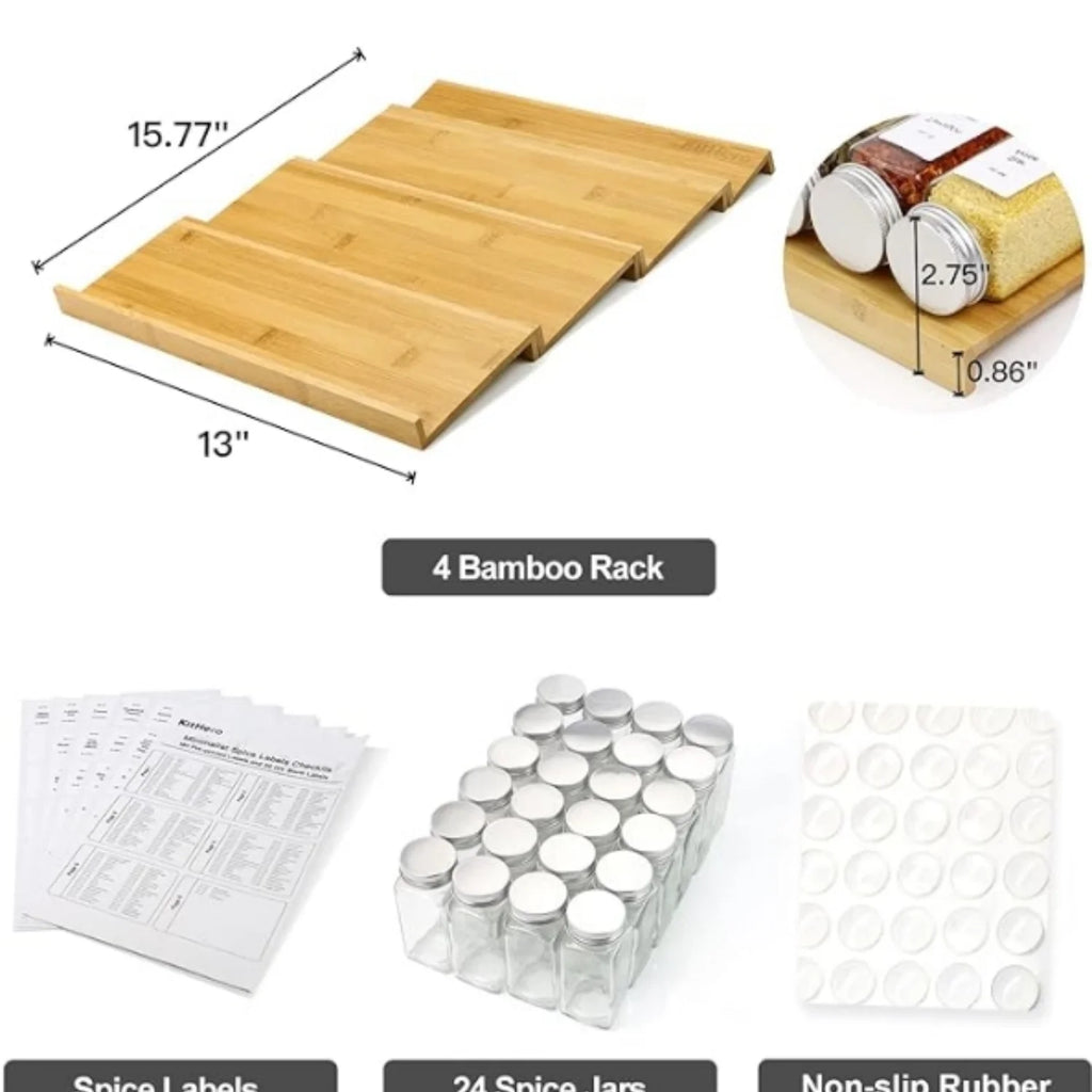 Bamboo 4 Tier Spice Rack with 24 Spice Jars and 216 Labels C369