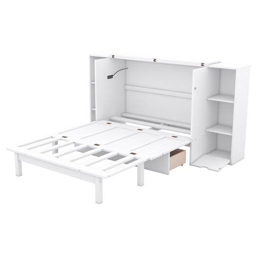 White Queen Size Wood Murphy Bed with Shelves and Storage Drawers A9127
