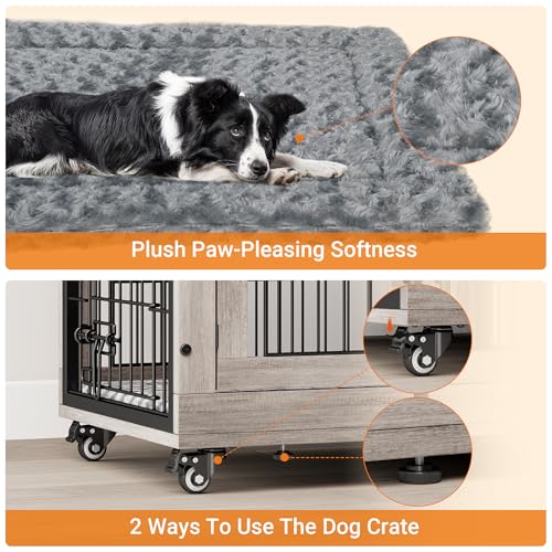 Grey Wooden Dog Crate 32'' with Cushion & Wheels Double Doors I4418