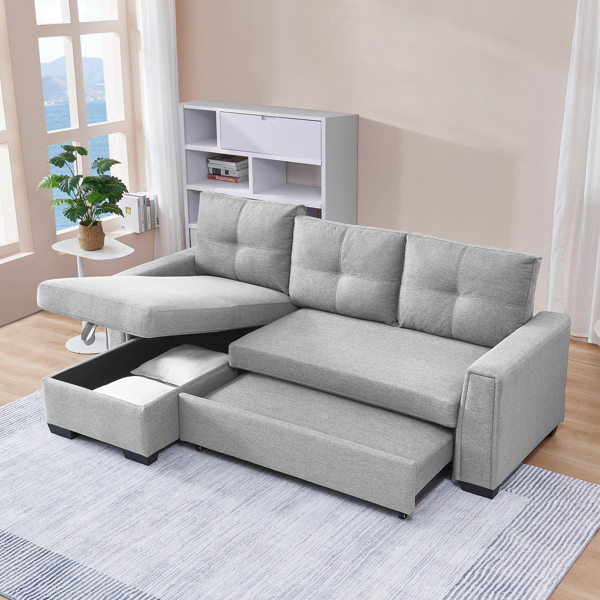 Light Grey L-Shape Pull-Out Sleeper Sectional Sofa X608
