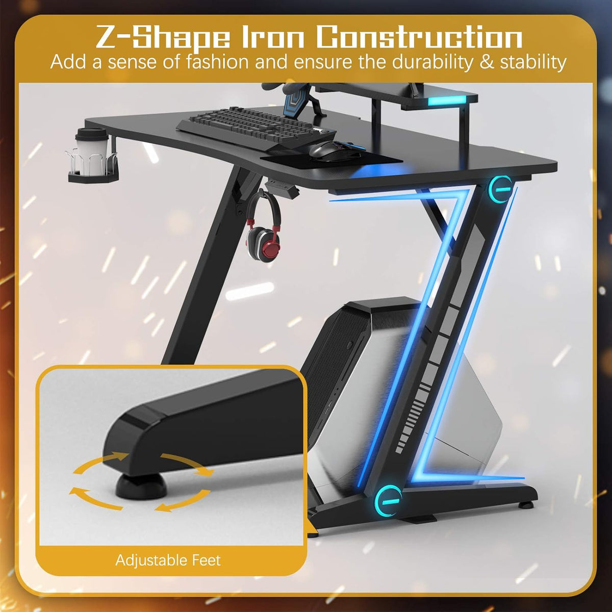 Z-Shaped Gaming Desk with Monitor Stand & Carbon Fiber Surface S30100