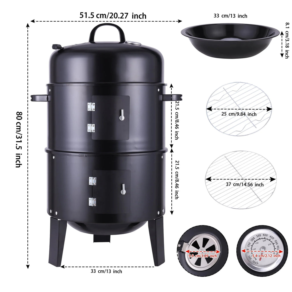 3-in-1 Steel Charcoal Smoker BBQ Grill with Thermometer X79298