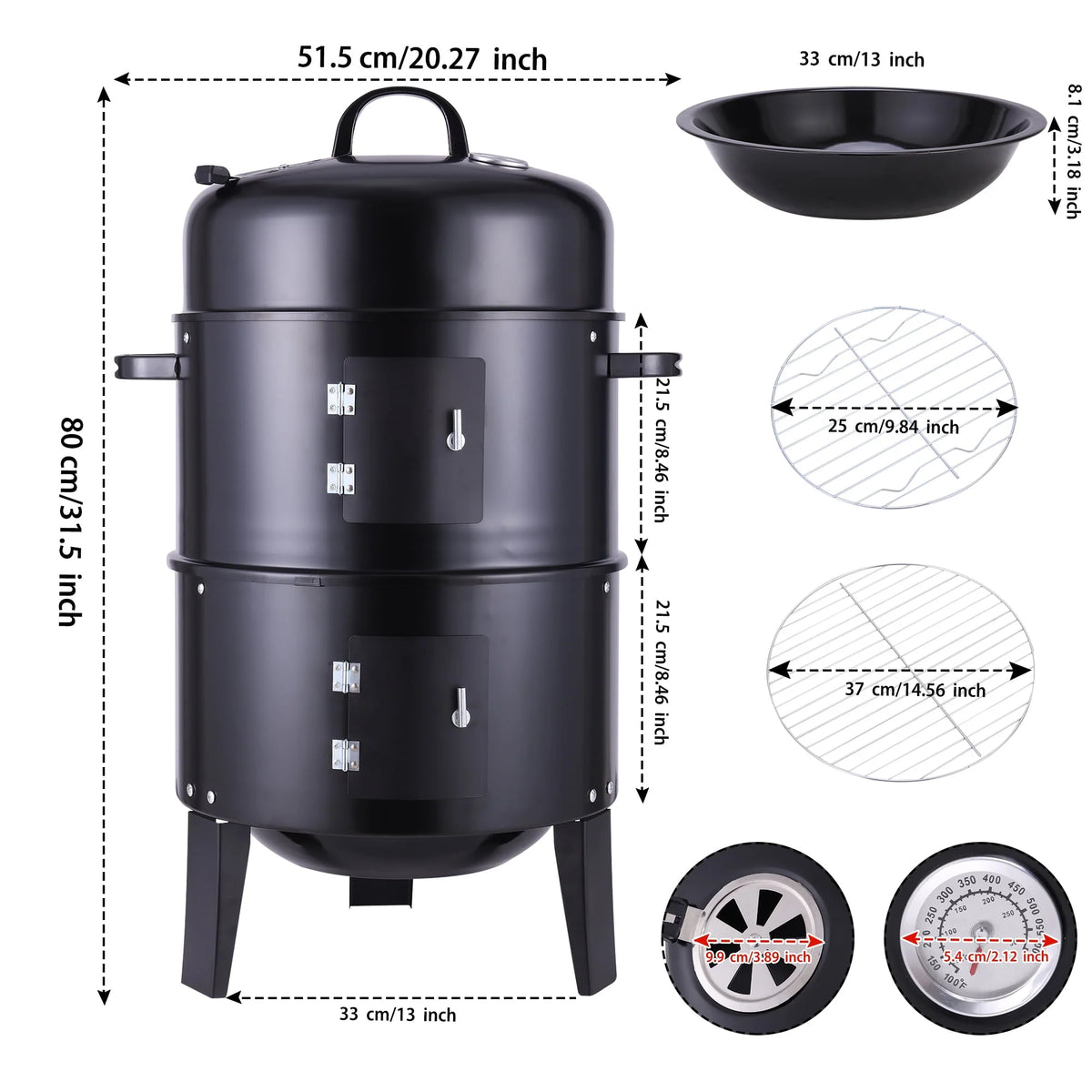 3-in-1 Steel Charcoal Smoker BBQ Grill with Thermometer X79298
