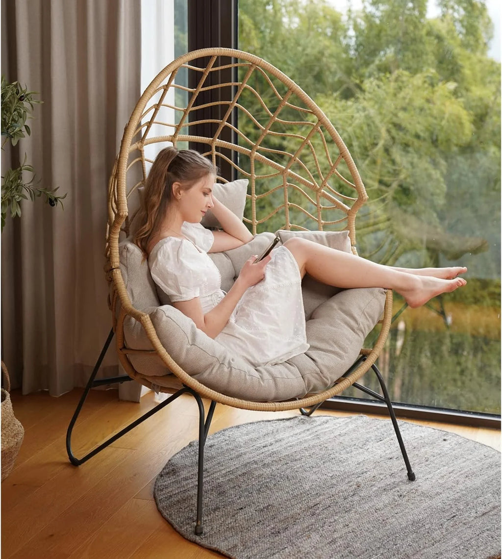 Oversized Wicker Egg Chair with Stand and Cushion O279