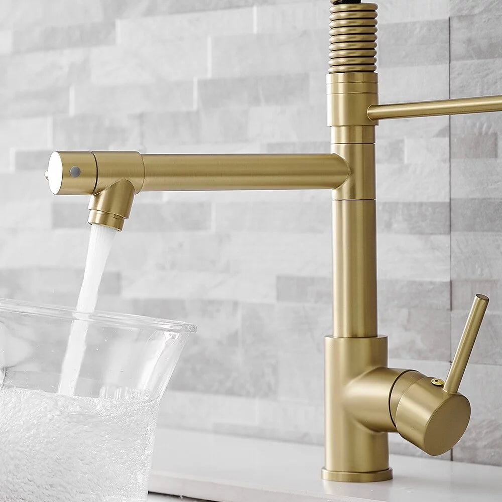 Brushed Gold Kitchen Faucet with Pull-Down Sprayer E665452