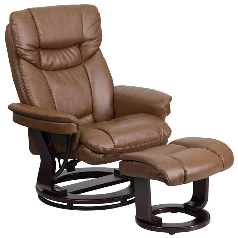 Palimino Leather Recliner and Ottoman with Swiveling Mahogany Wood Base O941020