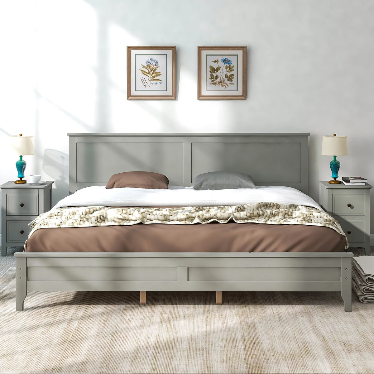 King Size Wood Platform Bed Frame with Headboard B5848