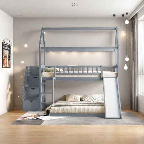 Twin Over Full Bunk Bed with Stairs and Slide, Gray A446